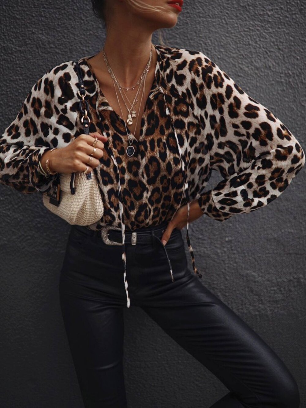 WITCHERY Leopard Print Georgette Oversized Balloon Sleeve Blouse Top, Size 4/0